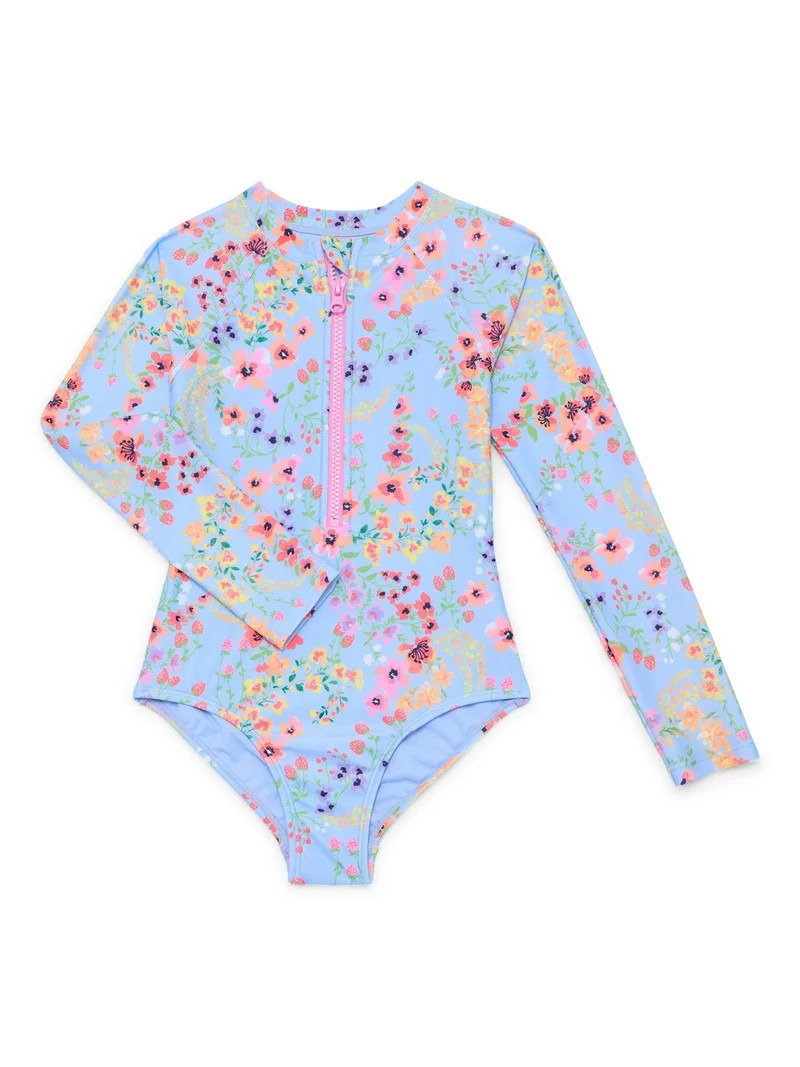 Wonder Nation Girls Zip Up Rash Guard One Piece Swimsuit with Long Sleeves, Sizes 4-18 | Walmart (US)