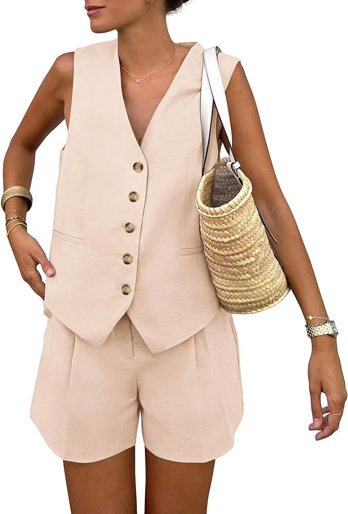 PRETTYGARDEN Summer 2 Piece Outfits Sets for Women Button Down Deep V Neck Vest Waistcoat Sleevel... | Amazon (US)