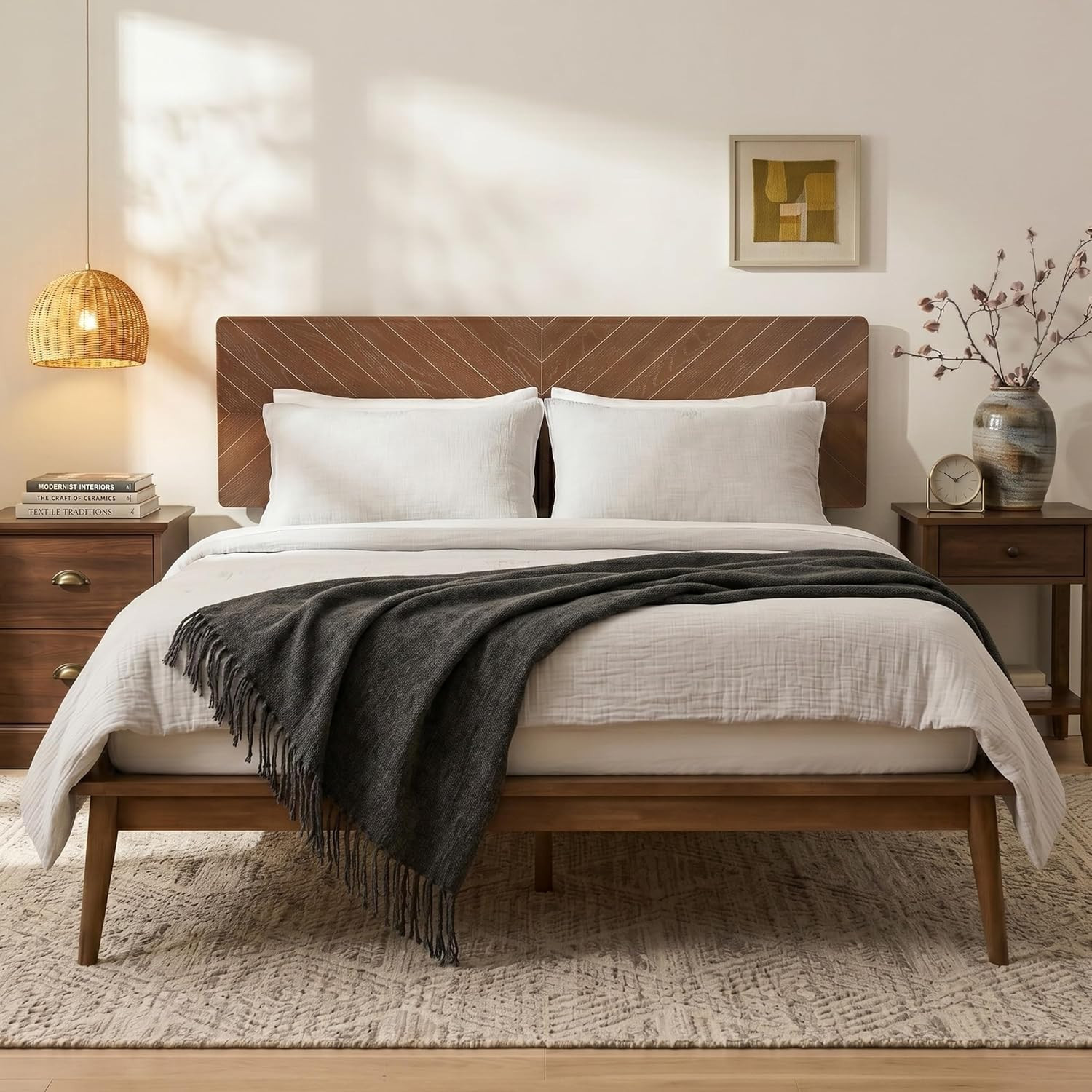 Allforwood Loki Solid Wood Bed Frame Queen Premium Platform Bed with Chevron Headboard Design and Wood Slat Support Walnut one_size | 902131 | Lowe's