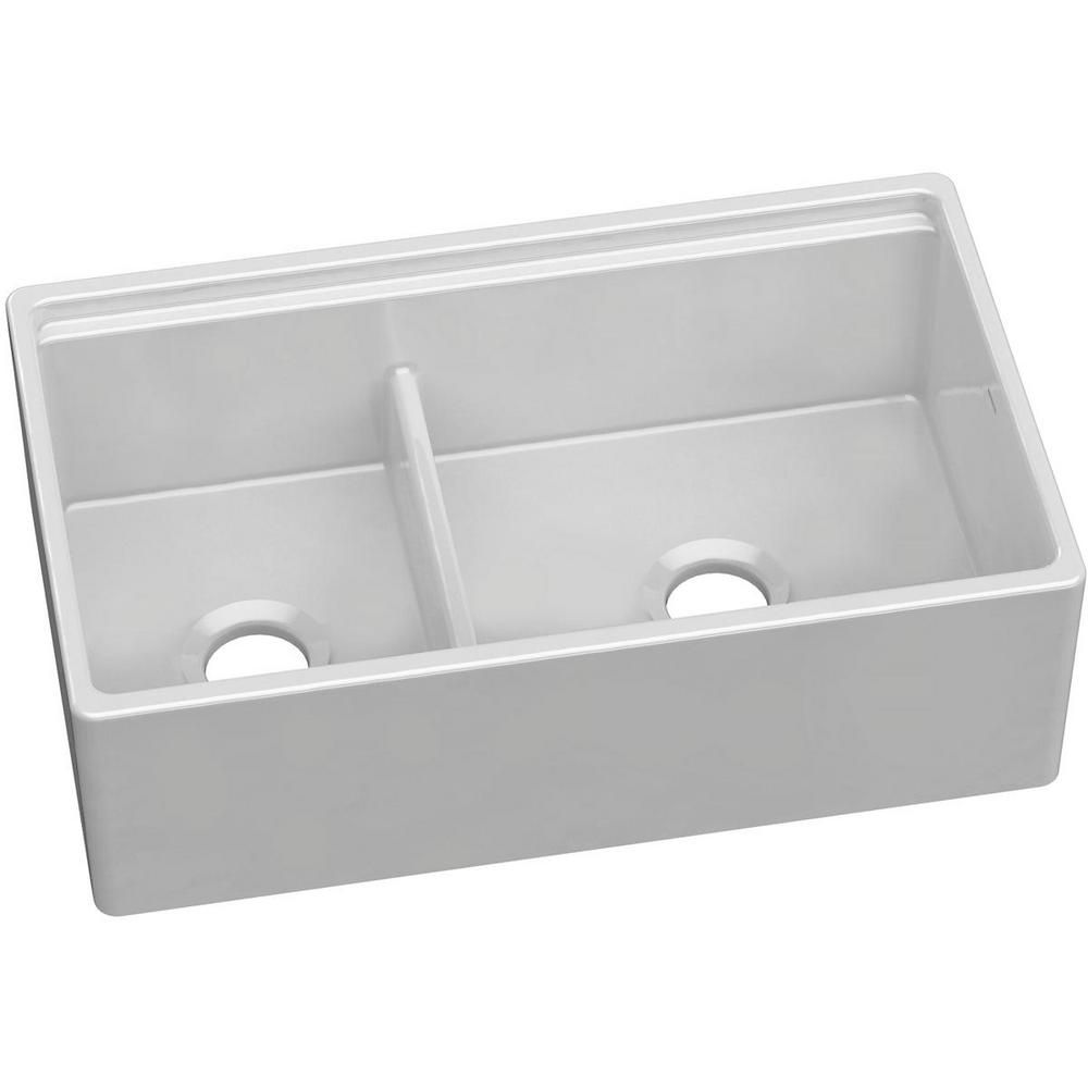Elkay Farmhouse Apron Front Fireclay 33 in. Double Bowl Kitchen Sink in White with Aqua Divide-SWUF3 | The Home Depot