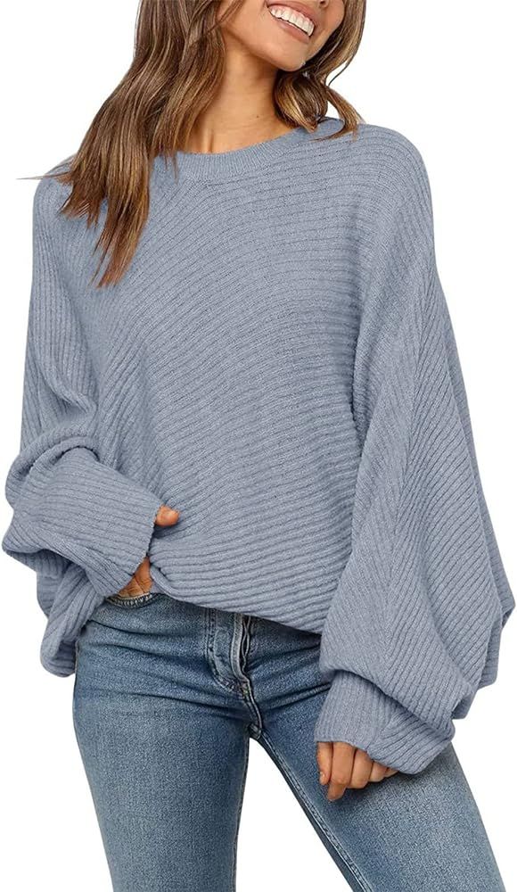 PIIRESO Women's Oversized Long Bat Sleeve Sweater Casual Crewneck Pullover Ribbed Knit Top | Amazon (US)