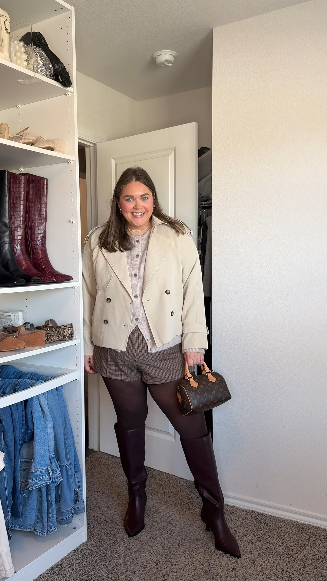 Thanksgiving plus size outfit idea. Wearing 35 in shorts. Xxl in brown tights, jacket, and sweater. Wide calf boots are $40! 

#LTKFindsUnder50 #LTKPlusSize