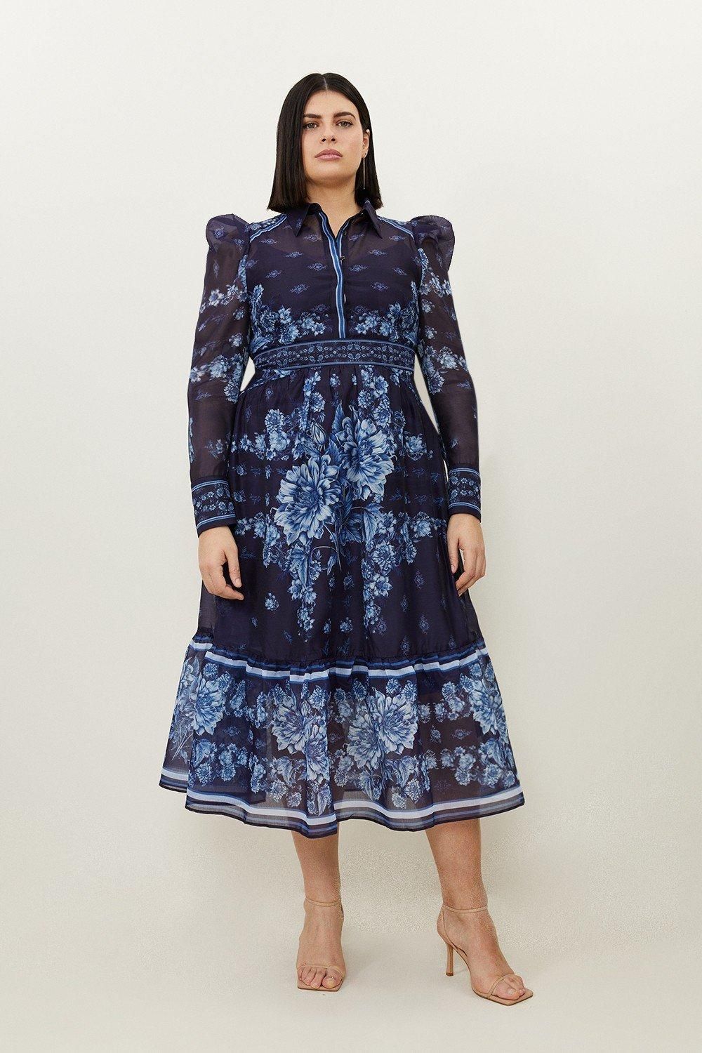 Plus Size Organdie Floral Placement Print Woven Midi Dress | Karen Millen US