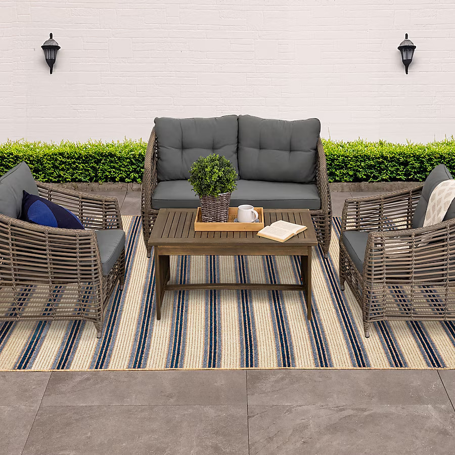 allen + roth with STAINMASTER Cabana 8 x 10 (ft) Loomed Polypropylene Blue Rectangular Outdoor St... | Lowe's