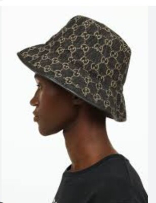 Gucci Bucket Hat Black Beige Denim GG Monogram Logo Leather Trim Size L 59cm  | eBay | eBay US