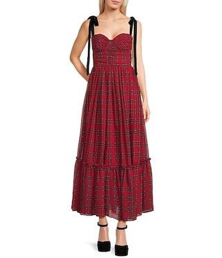 B. Darlin Plaid Printed Tie Shoulder Bustier Bodice Midi Dress | Dillard's | Dillard's