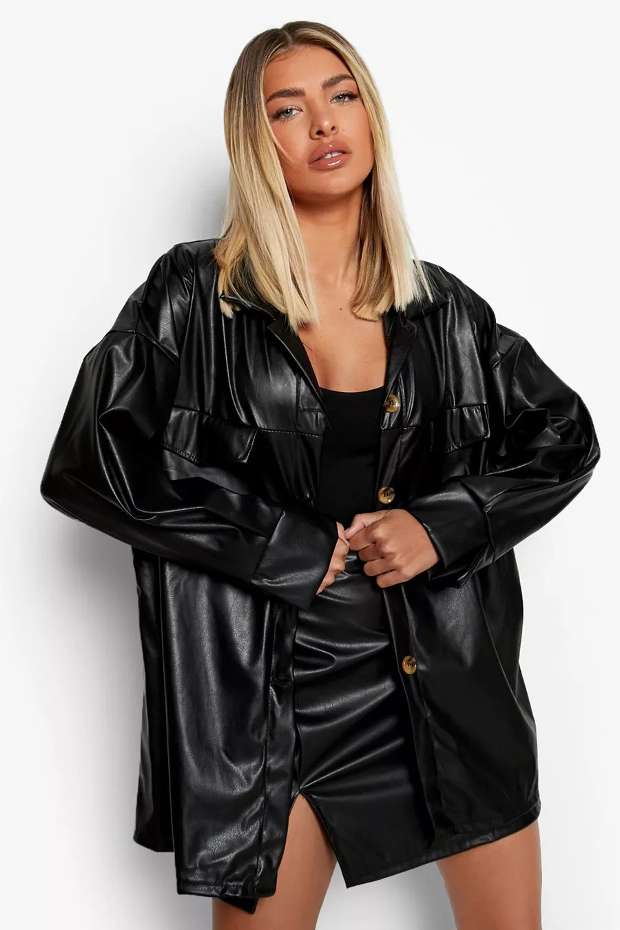 Super Oversized Faux Leather Shacket | Boohoo.com (US & CA)