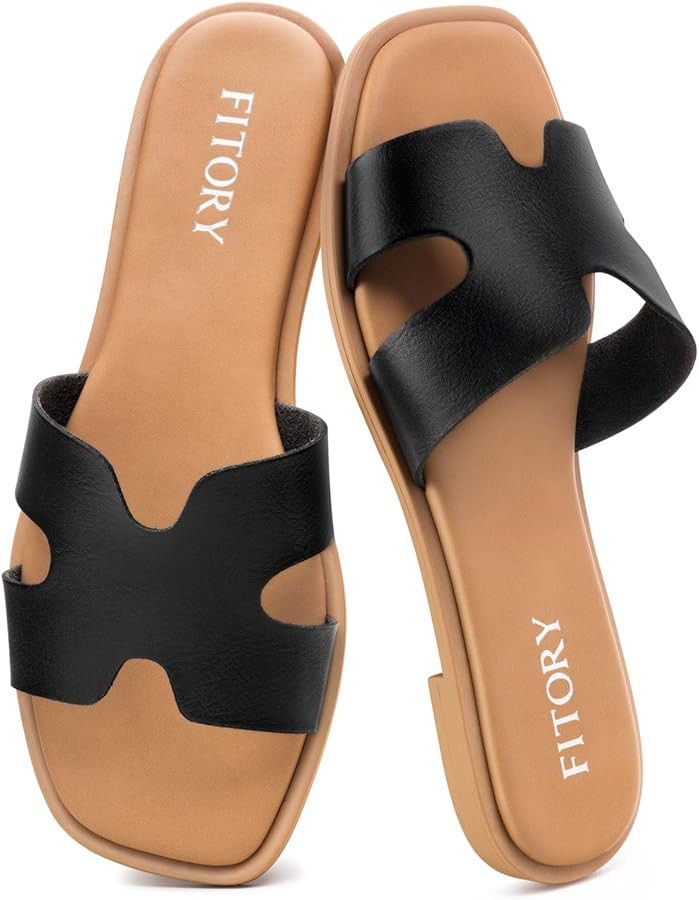 FITORY Women's Slide Sandals, Flat Fashion Square Open Toe with Cushion Slippers for Summer Beach | Amazon (US)