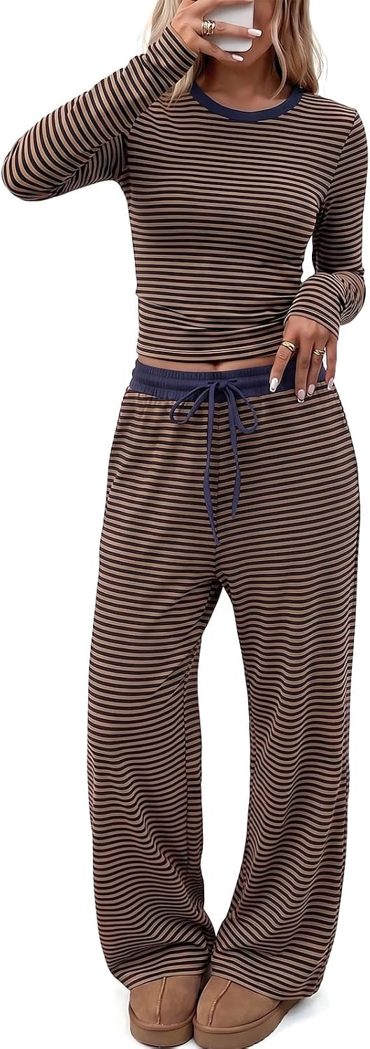 EXLURA Women Cotton Fall 2 Piece Stripe Crop Top Matching Wide Leg Pant Set | Amazon (US)
