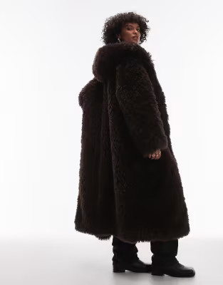 Topshop faux fur duffle hooded long coat in dark choc | ASOS (Global)