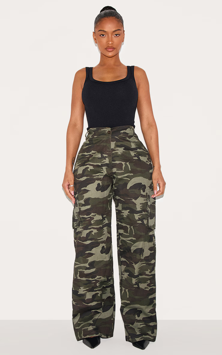 Shape Khaki Camo Print Pocket Detail Wide Leg Cargo Pants | PrettyLittleThing US