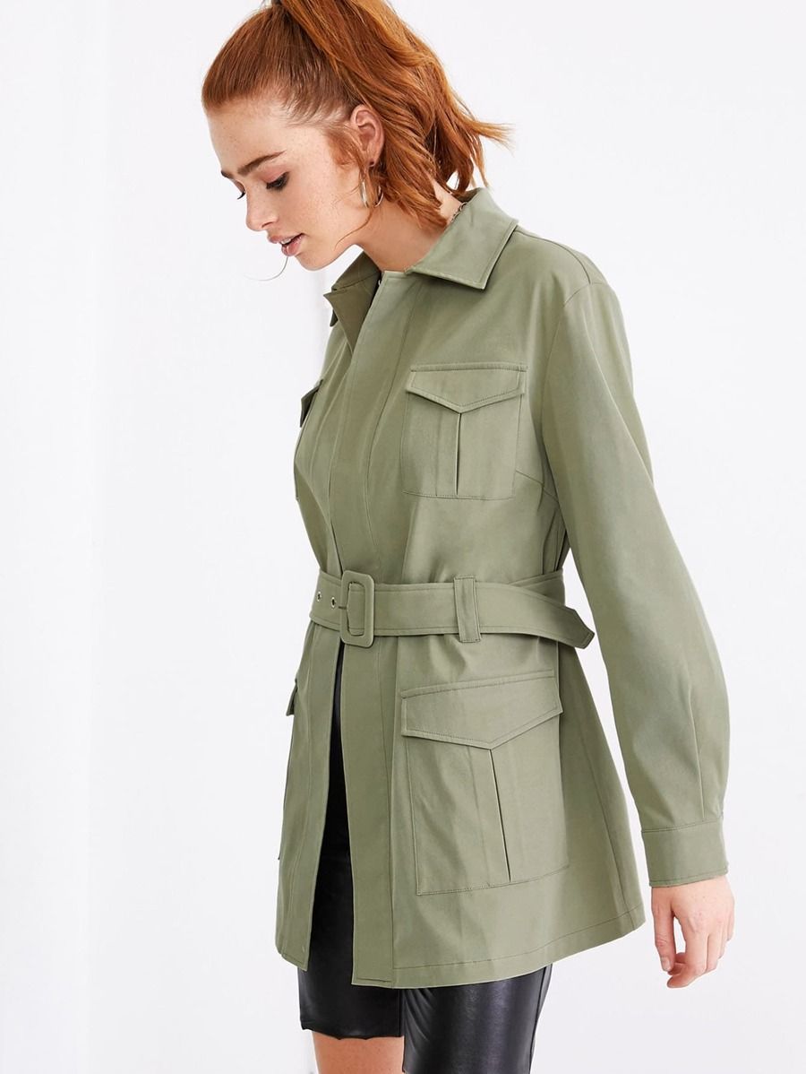 SHEIN x Madelaine Flap Pocket Detail Belted Coat | SHEIN