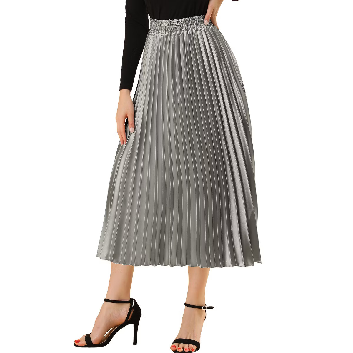 Allegra K Women's Party Elastic Waist Metallic Shiny Accordion Pleated Midi Skirt Silver Tone Med... | Target