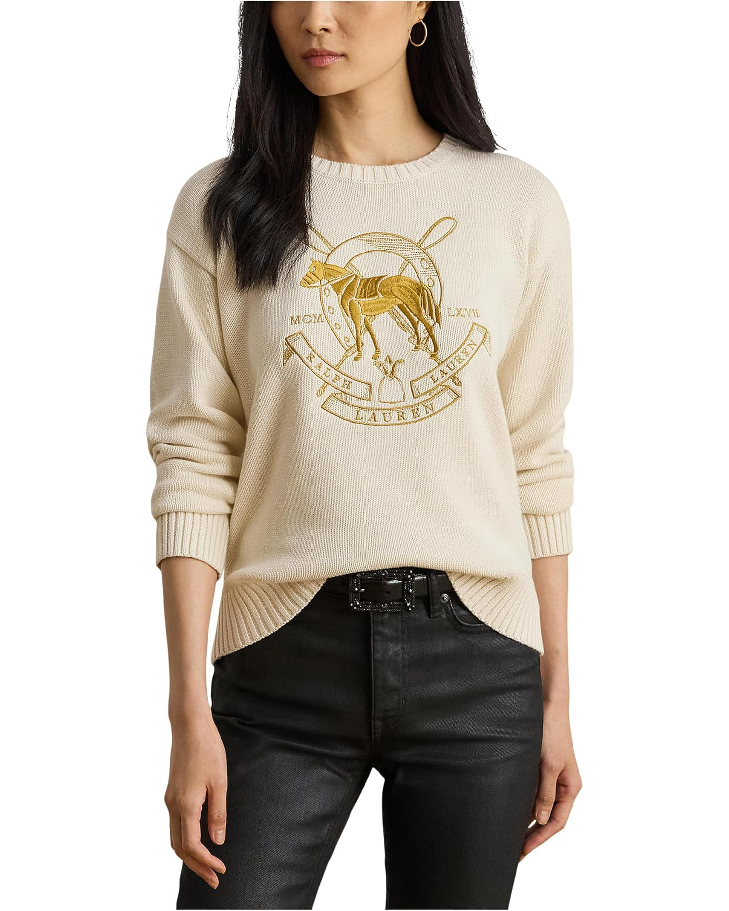 Embroidered Cotton Crew Neck Sweater | Zappos
