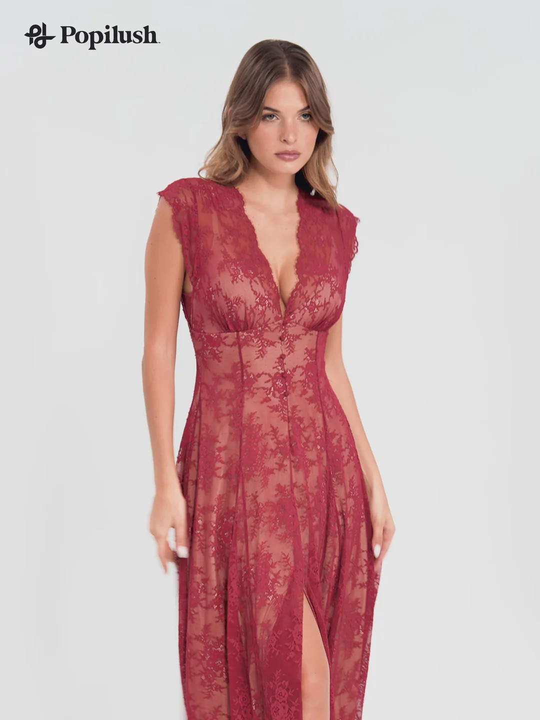 Shapewear Boho Floral Lace Front Slit Maxi Dress | Popilush