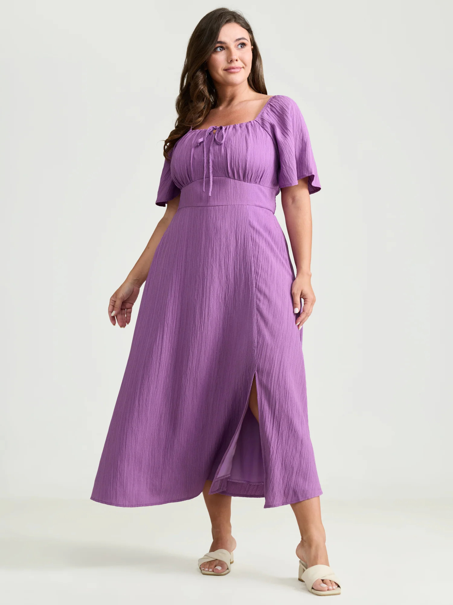Textured Curvy Hem Bust-Friendly Slit Midi Dress | Bloomchic