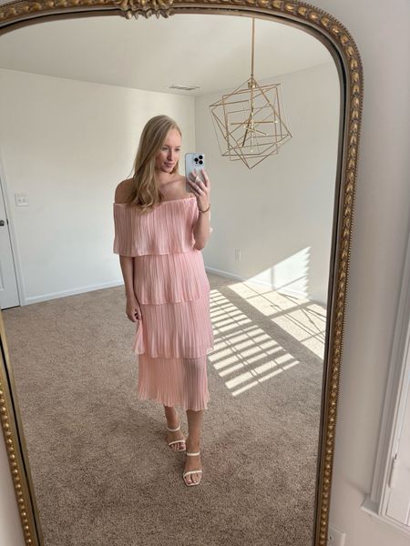 Affordable spring wedding guest dress with a tiered pleated detail throughout. Loving the off shoulder fit! Pair with a neutral handbag and heels to complete your look. Amazon Big Spring Sale happening now! 

#LTKsalealert #LTKSeasonal #LTKwedding