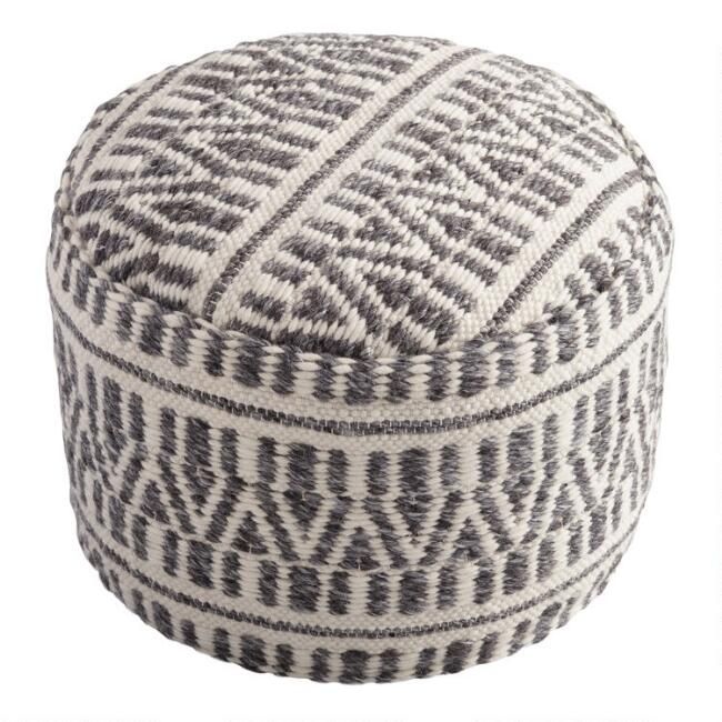 Charcoal and Ivory Woven Textured Floor Pouf | World Market