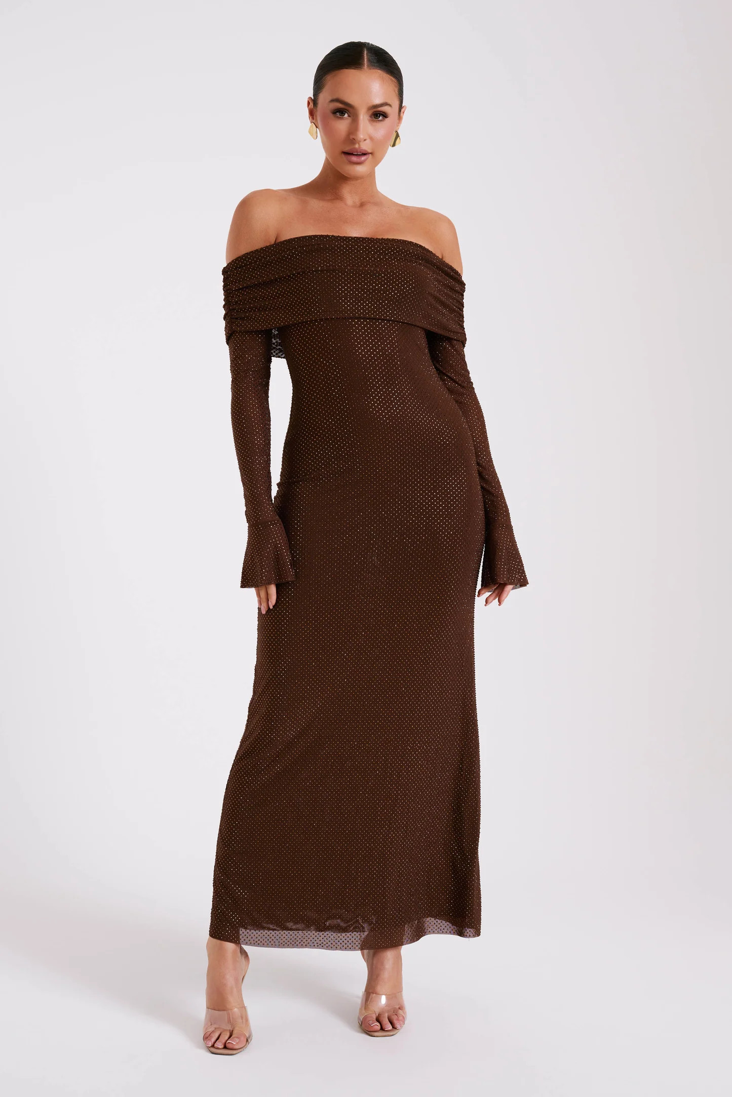 Marcel Off Shoulder Diamante Maxi Dress - Chocolate | Meshki (APAC)