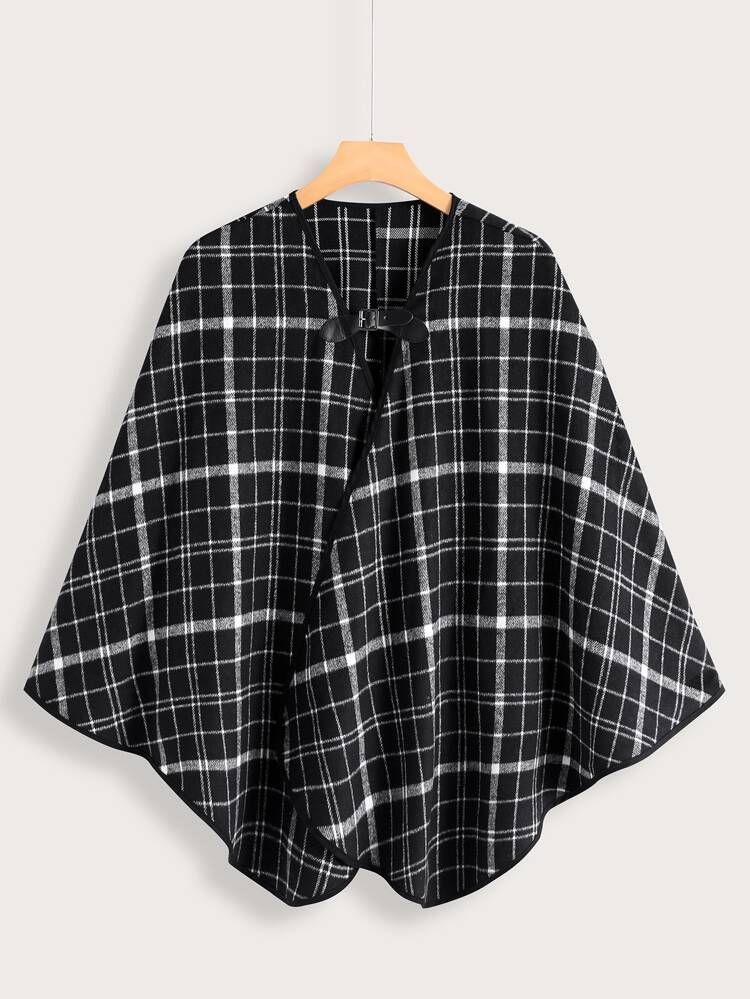 Plus Plaid Buckled Front Binding Cape Overcoat | SHEIN