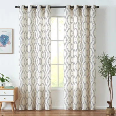 Linen Blend Curtains Farmhouse Curtains 84 Inches Long Blue Embroidered Leaf Curtains For Living Room Geometry Drapes Light Filtering Grommet Country | Wayfair North America