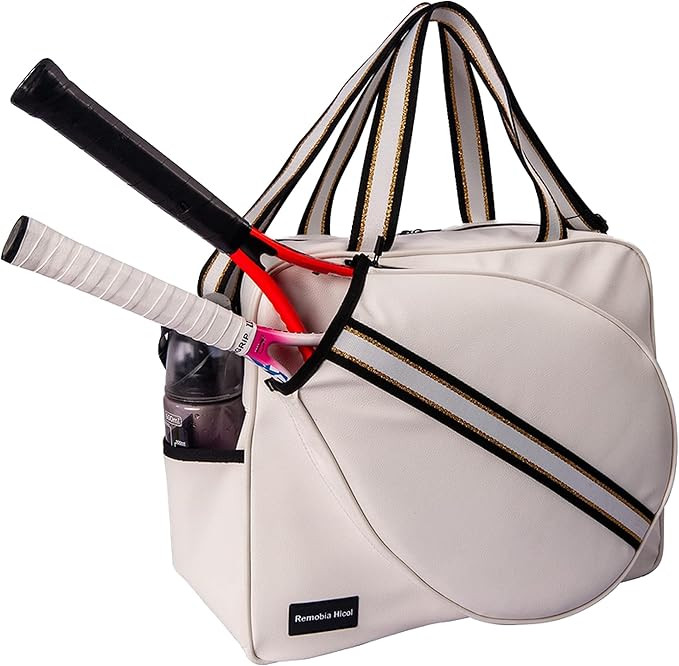 White PU Leather Women Large Sports Handbag Tennis Racket Shoulder Bag Tennis Tote Bag for 2 Rack... | Amazon (US)
