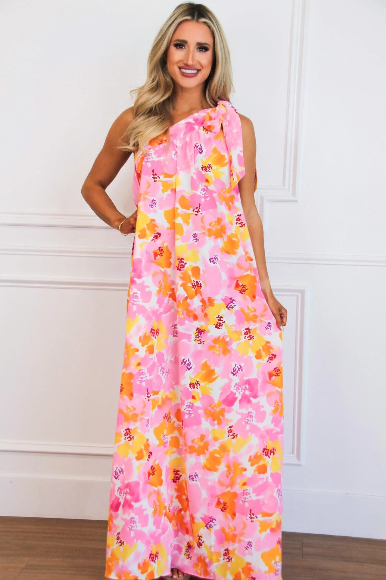 Lesia Floral One Shoulder Maxi Dress: Pink/Yellow/Orange Multi | Bella and Bloom Boutique