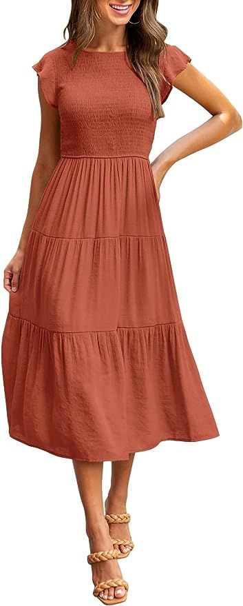 KYL Women's Summer Casual Midi Maxi Dress Boho Flutter Sleeve Smocked A-Line Long Dress | Amazon (US)