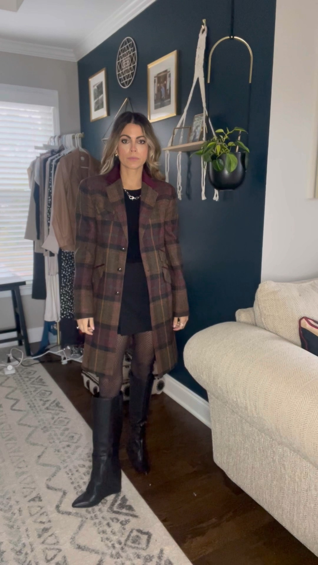 All black outfit 
Knee high boots
Tweed jacket 
Patterned tights 
Black skort
Bodysuit 

#LTKSpringSale #LTKover40 #LTKSeasonal