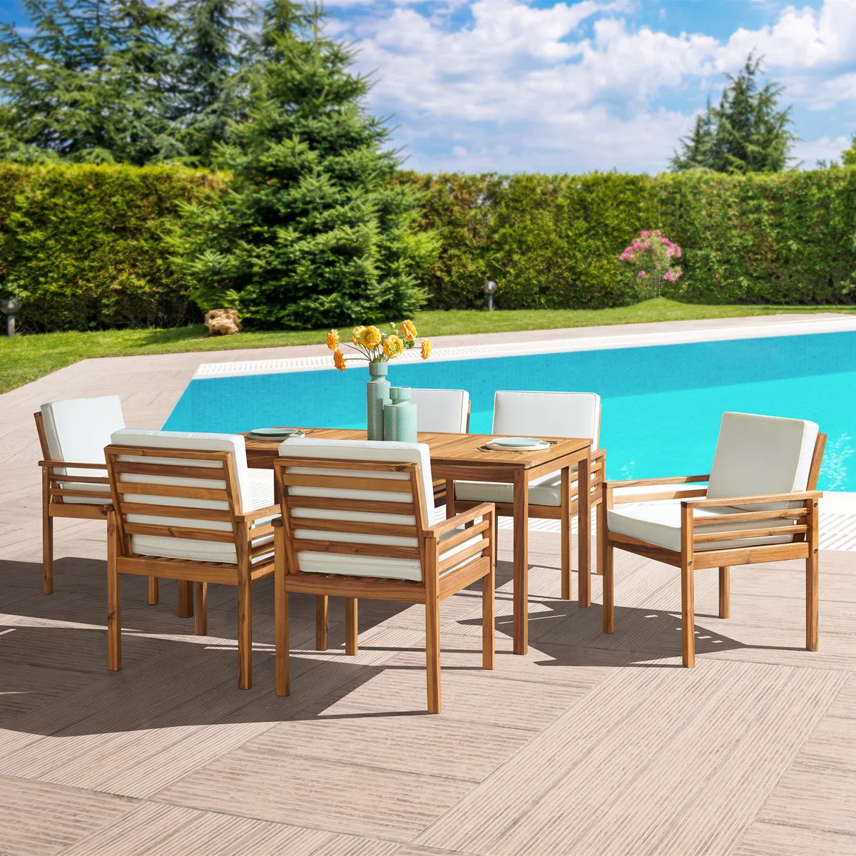 Arjay 7pc Outdoor Dining Set Solid Acacia Wood, 1 Dining Table and 6 Chairs with Cushions | Wayfair North America