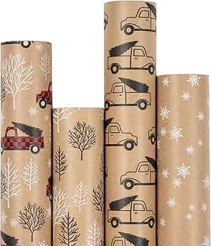 RUSPEPA Christmas Wrapping Paper, Kraft Paper - Cars, Trees and Star Style Designs - 4 Rolls - 30... | Amazon (US)