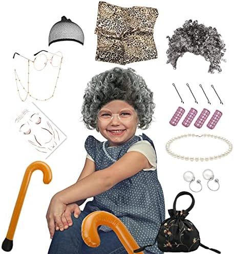 Old Lady Costume for Kids, 100th Day of School Granny Dress Up 19 Pcs Set | Amazon (US)