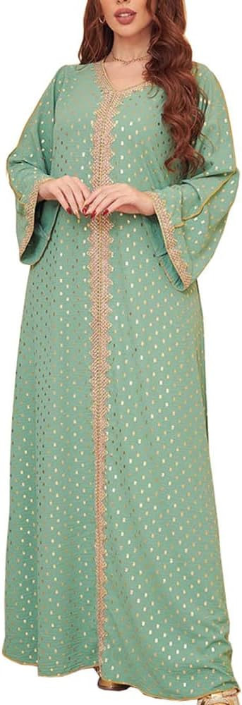 FPOVFPO Women's Muslim Abaya One-Piece V Neck Bronzing Dress Islamic Full Length Kaftan Daily Cas... | Amazon (US)