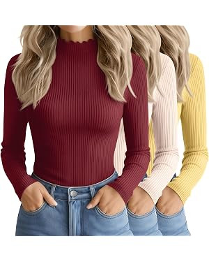 3 Pack Women's Cotton Long Sleeve Mock Turtleneck Tops Ribbed Lettuce Trim Slim Fit Shirts Therma... | Amazon (US)