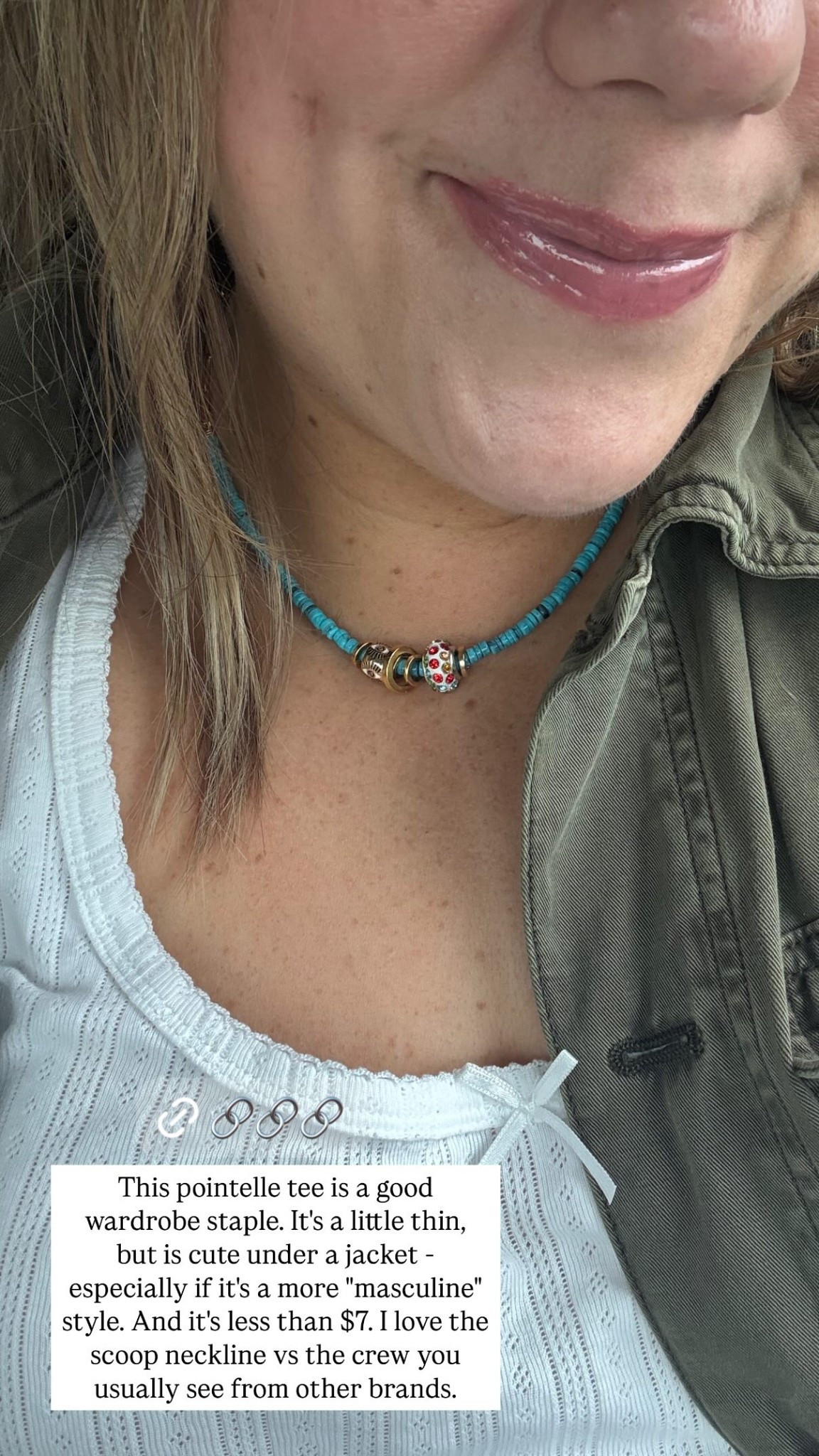 This pointelle tee is a good wardrobe staple. It's a little thin, but is cute under a jacket - especially if it's a more "masculine" style. And it's less than $7. I love the scoop neckline vs the crew you usually see from other brands.

#LTKSaleAlert #LTKStyleTip