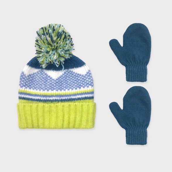 Toddler Boys' Knitted Jacquard Beanie and Basic Magic Mittens Set - Cat & Jack™ Blue/Yellow | Target