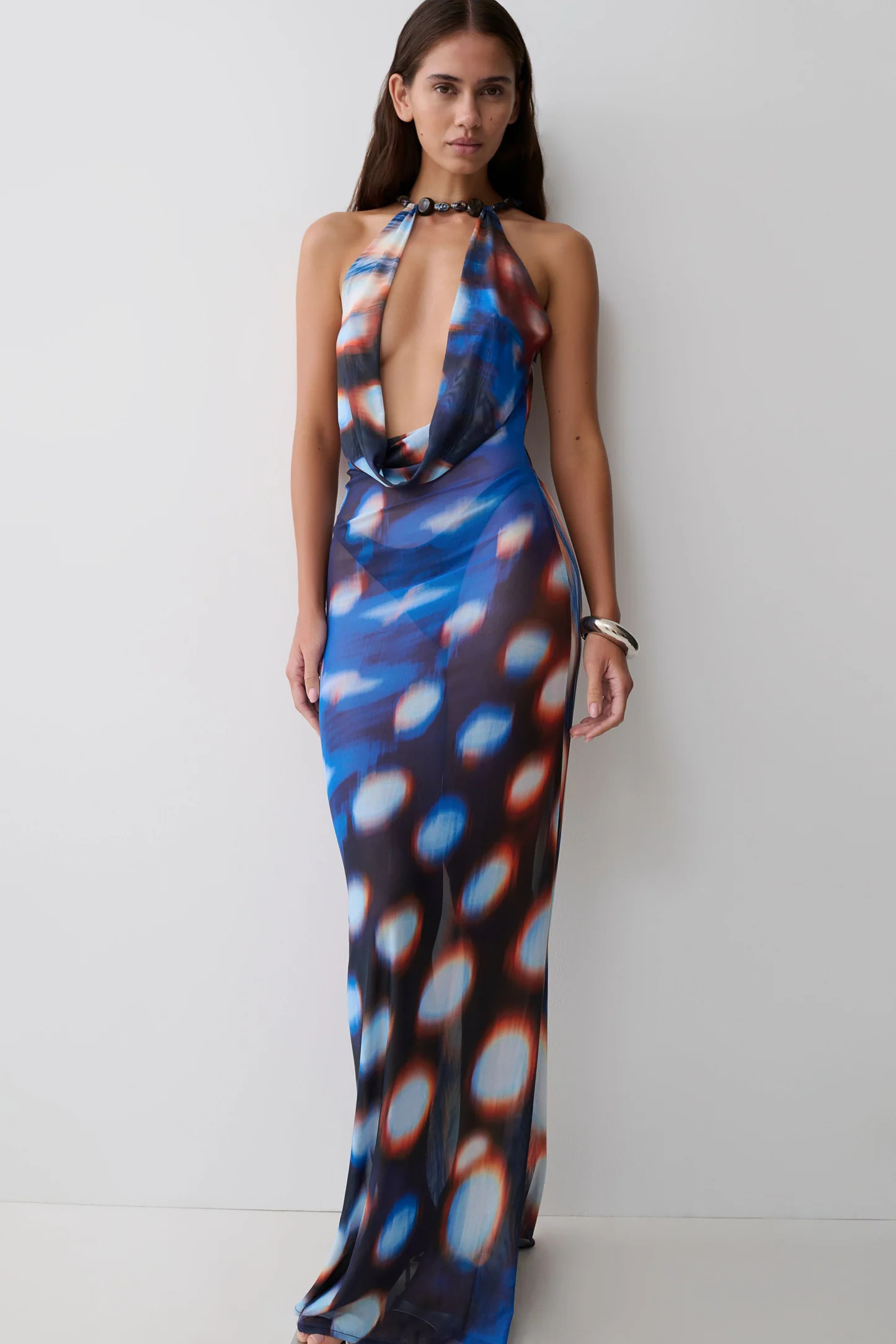 Ethel Mesh Cowl Plunge Maxi - Blue Abstract Print | MESHKI US