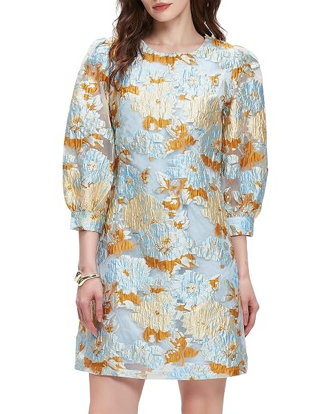Women's Floral Jacquard Shift Dress Mini 3/4 Sleeve Ruffle Collar Bow Tie Elegant Cocktail Party ... | Amazon (US)