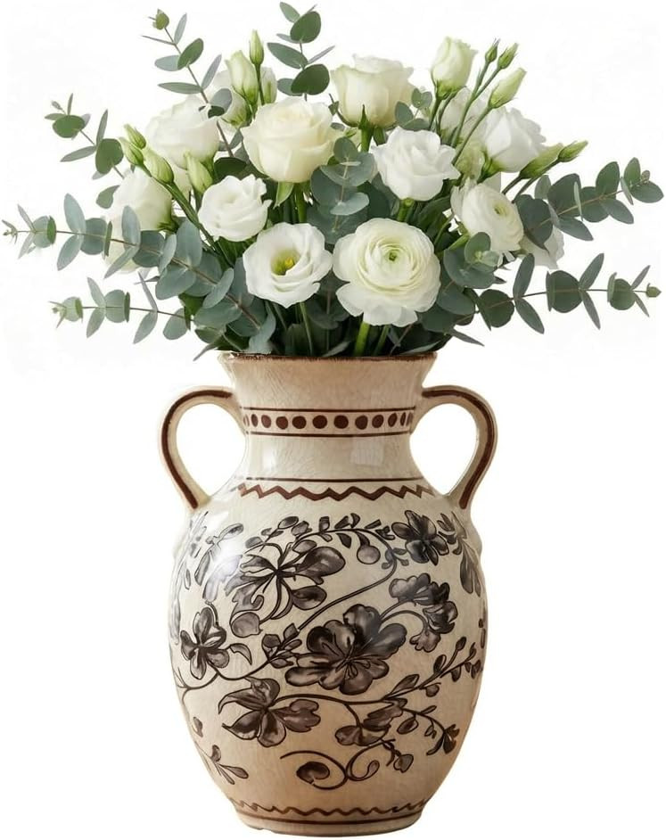 EFISPSS Ceramic Vintage Vase,Chinoiserie Rustic Farmhouse Floral Spring Decor for Home Decor Living Room Fireplace Office, Grey | Amazon (US)
