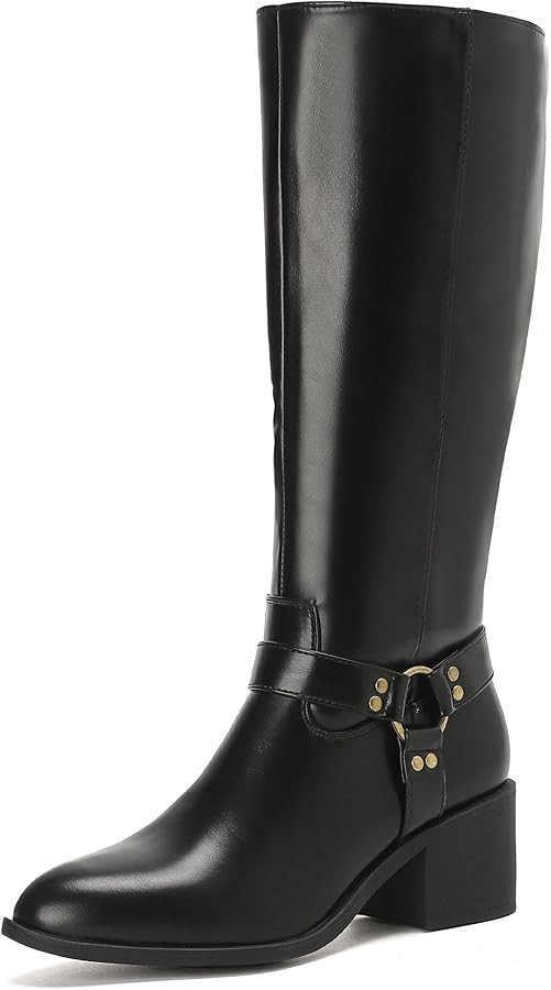Putu Women's Riding Boots Block Heel Knee High Boots Almond Toe Fall Boots with Buckle | Amazon (US)