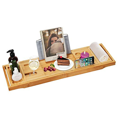 Olebes Bamboo Bathtub Caddy Tray, Expandable Wood Bath Tray Organizer with Book and Wine Glass Holder & Cell Phone Slot for Spa, Bathroom & Shower | Amazon (US)