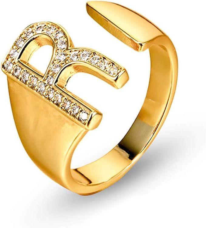 SUNXN Gold Bold Initial Letter Ring Open Alphabet Ring Adjustable for Women Men Teen Girls Statem... | Amazon (US)