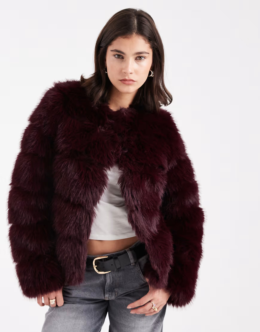 New Look pelted fur jacket in burgundy-Red | ASOS (Global)