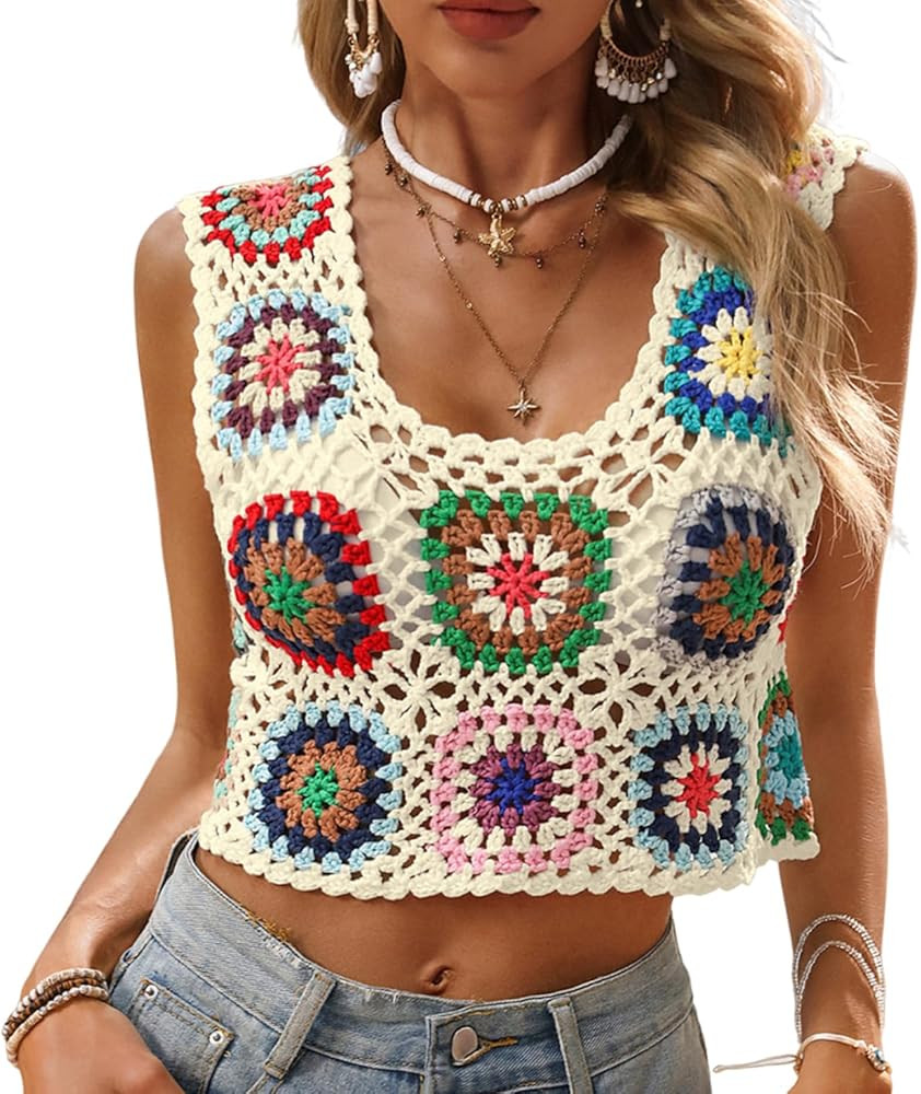 Melliflo Crochet Tops for Women Boho Mesh Granny Square Sleeveless Cropped Tank Tops Hallow Out P... | Amazon (US)