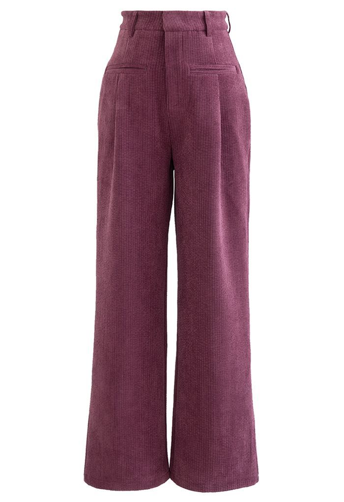 Straight-Leg Textured Corduroy Pants in Berry | Chicwish