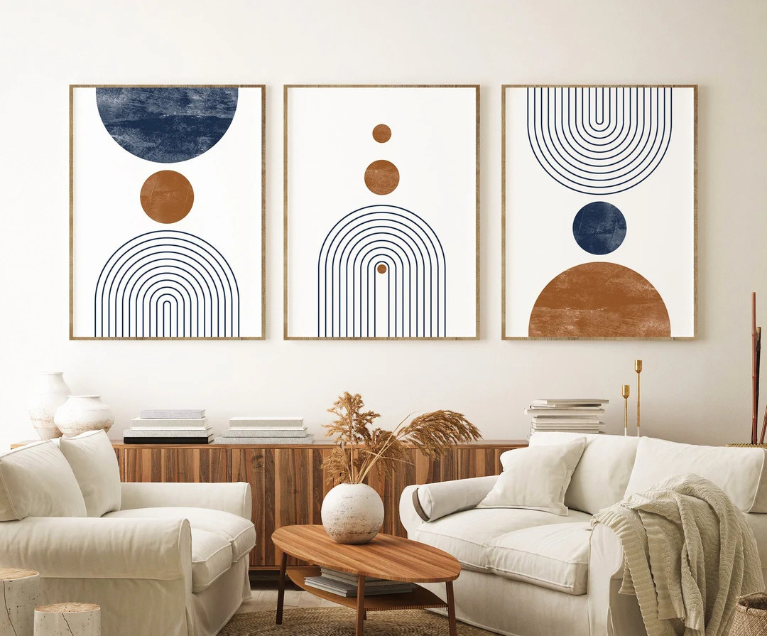 Mid Century Modern Wall Art Print Set of 3, Blue and Terracotta Abstract Geometric Digital downlo... | Etsy (US)