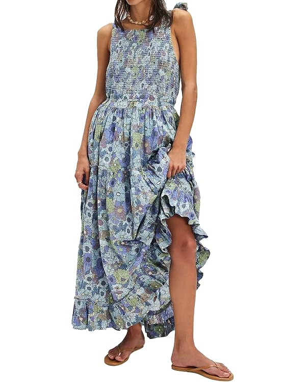 Women Floral Maxi Dress Tie Shoulder Cutout Backless Boho Smocked Flowy Dresses Summer Fall Sundr... | Amazon (US)