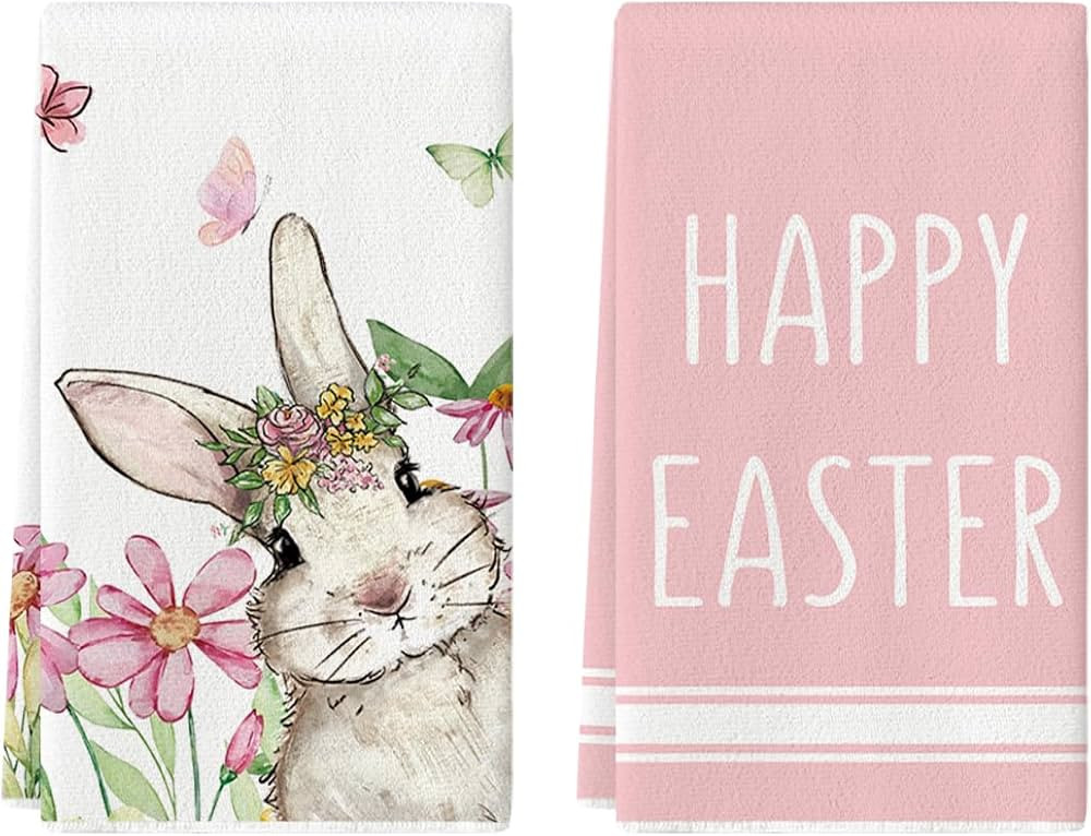 Artoid Mode Pink Rabbit Bunny Flower Happy Easter Kitchen Towels Dish Towels, 18x26 Inch Seasonal... | Amazon (US)