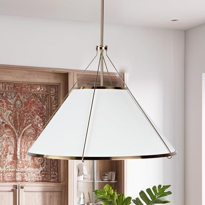 Natural Conical Ivory Linen Shade Pendant Light, Modern Industrial White Metal Cage Ceiling Light... | Amazon (US)