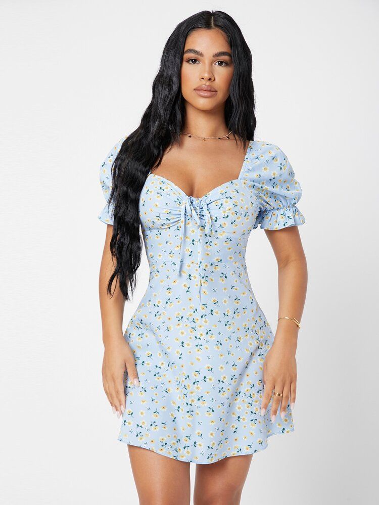 SHEIN PETITE Ditsy Floral Flounce Sleeve Ruched Knot Bust Dress | SHEIN